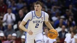 Duke Blue Devils' Cooper Flagg playing against the Alabama Crimson Tide during the NCAA men's basketball tournament's Elite Eight in March.