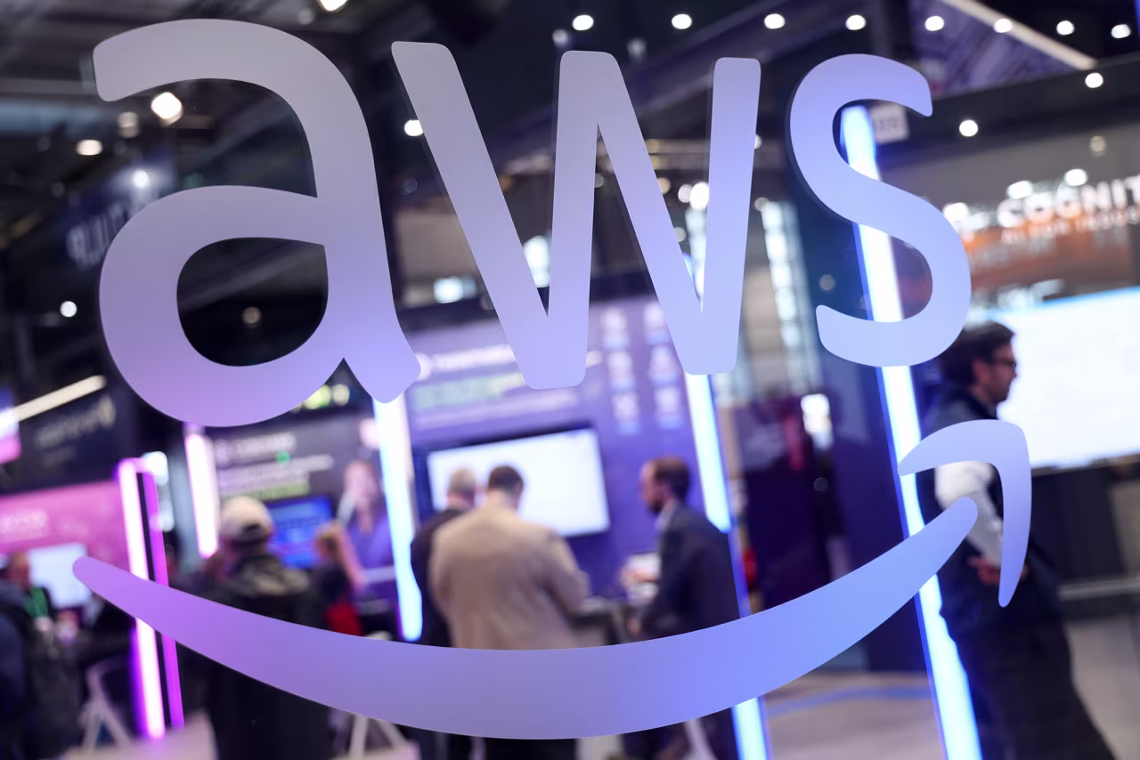 The AWS Amazon Web Services pavilion stands are seen at the 2025 Hannover Messe industrial trade fair on March 31.