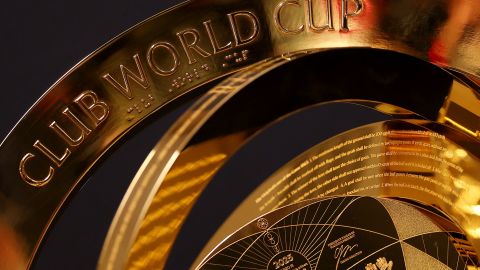 This photograph shows the FIFA Club World Cup trophy exhibited in Poissy, west of Paris, on April 4, 2025. The Club World Cup trophy is touring for 147 days in 20 countries and 29 cities worlwide. (Photo by FRANCK FIFE / AFP) (Photo by FRANCK FIFE/AFP via Getty Images)          