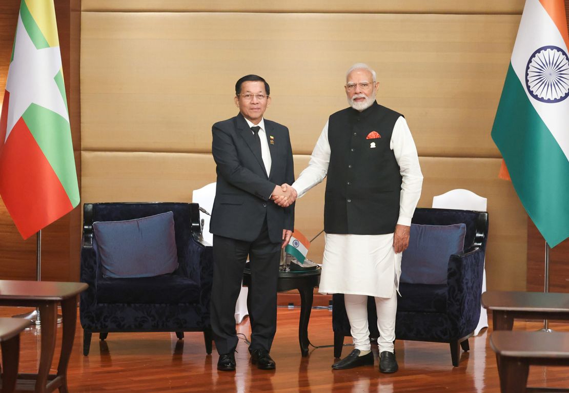 Myanmar's Senior General Min Aung Hlaing meets with Indian Prime Minister Narendra Modi during the 6th BIMSTEC Summit in Bangkok, Thailand on April 4, 2025.