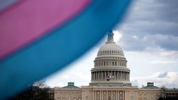 WASHINGTON, DC - MARCH 31: The U.S. Capitol Building is seen behind the Transgender Pride Flag during the Trans Day Of Visibility rally on the National Mall on March 31, 2025 in Washington City. Trans, non-binary, and gender-expansive people and supporters took part in rallies around the country to fight for trans rights and equality on International Transgender Day of Visibility. (Photo by Kayla Bartkowski/Getty Images)