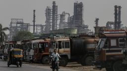 Oil tanker trucks outside an oil refinery operated by Bharat Petroleum Corp. Ltd., in Mumbai, India, on Friday, April 4, 2025.