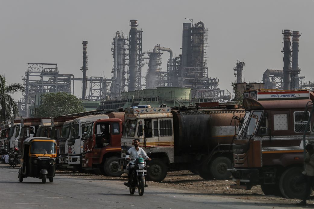 Oil trucks outside of an oil refinery operated by Bharat Petroleum Corp. Ltd., in Mumbai, India, on April 4.