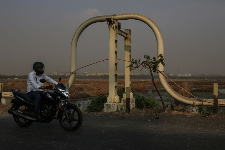 An oil pipeline near an oil refinery operated by Hindustan Petroleum in Mumbai, India, pictured in April 2025.