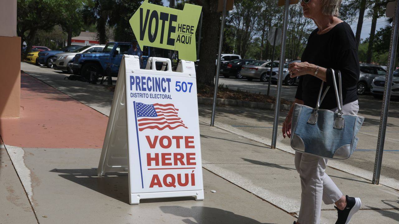 PALM COAST, FLORIDA - APRIL 01: A sign directs voters to cast their ballots at a polling station set up at the Flagler County Public Library on April 1, 2025, in Palm Coast, Florida. Voters cast their ballots today in a race that shows Democratic nominee Josh Weil is within the margin of error in his race against Republican Randy Fine to flip National Security Advisor Mike Waltz's former seat in the U.S. House of Representatives. (Photo by Joe Raedle/Getty Images)