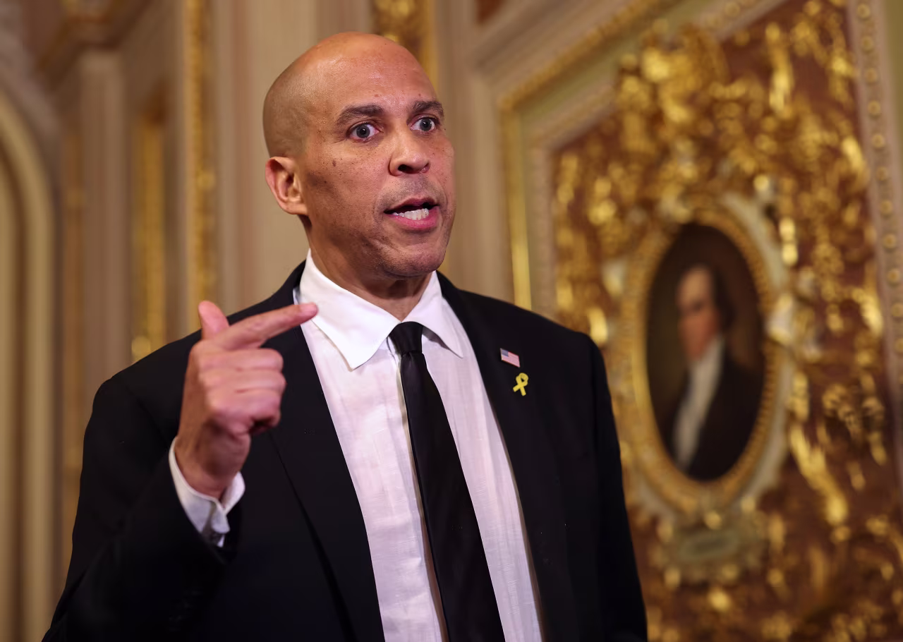Sen. Cory Booker speaks to reporters at the Capitol in Washington, DC on April 1.