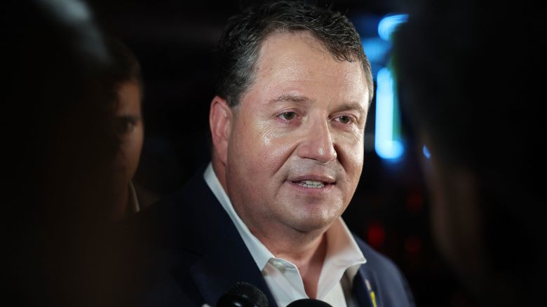 Randy Fine speaks with the media after winning the 6th District race to replace GOP former Rep. Michael Waltz on April 01, 2025 in Ormond Beach, Florida.