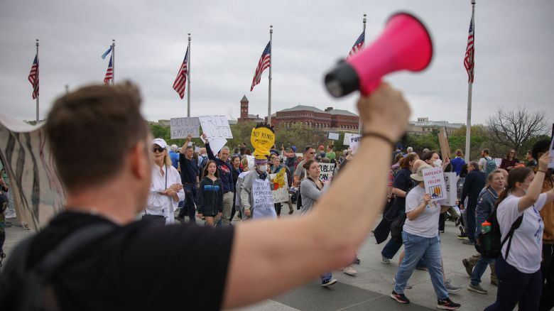 People gather to protest the Trump administration during the 'Hands Off' protest on the National Mall in Washington, D.C. on April 5, 2025.