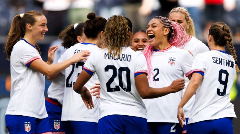 Trinity Rodman celebrates her goal with her teammates during the USA's 2-1 win against Brazil.