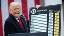 President Donald Trump holds up a chart while speaking during a “Make America Wealthy Again” trade announcement on April 2.