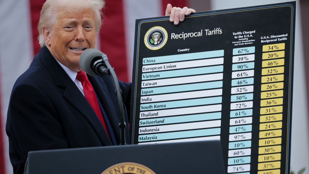 WASHINGTON, DC - APRIL 02: U.S. President Donald Trump holds up a chart of "reciprocal tariffs" while speaking during a “Make America Wealthy Again” trade announcement event in the Rose Garden at the White House on April 2, 2025 in Washington, DC. Touting the event as “Liberation Day”, Trump is expected to announce additional tariffs targeting goods imported to the U.S. (Photo by Chip Somodevilla/Getty Images)