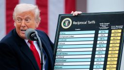 El presidente Donald Trump sostiene un gráfico mientras habla durante un anuncio comercial del "Día de la Liberación" el 2 de abril.