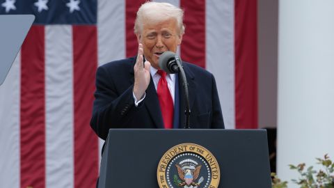 WASHINGTON, DC - APRIL 02: U.S. President Donald Trump speaks during a “Make America Wealthy Again” trade announcement event in the Rose Garden at the White House on April 2, 2025 in Washington, DC. Touting the event as “Liberation Day”, Trump is expected to announce additional tariffs targeting goods imported to the U.S. (Photo by Chip Somodevilla/Getty Images)