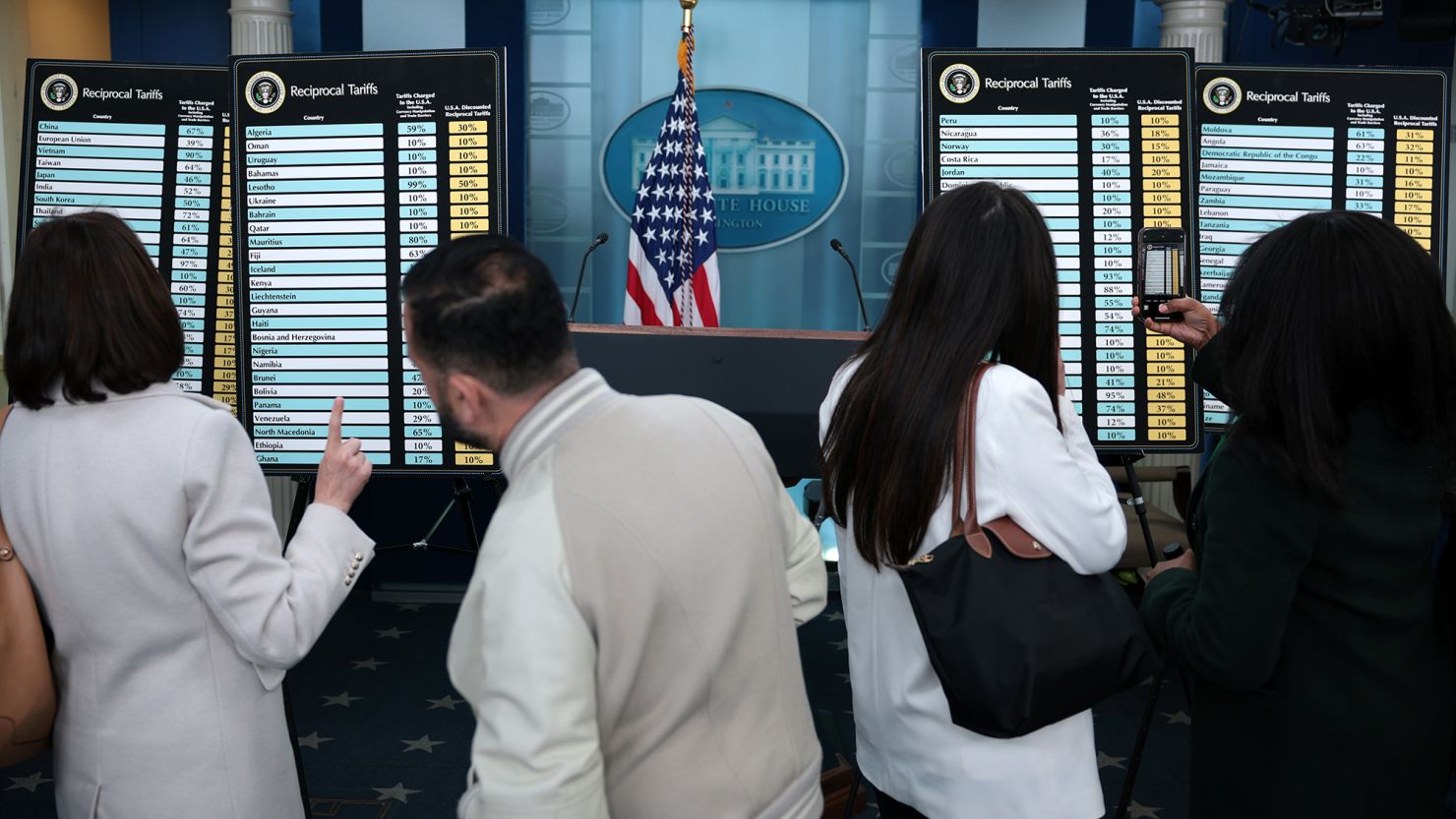 Charts that show America's “reciprocal tariffs” on display in the press briefing room at the White House on April 2 in Washington, DC.