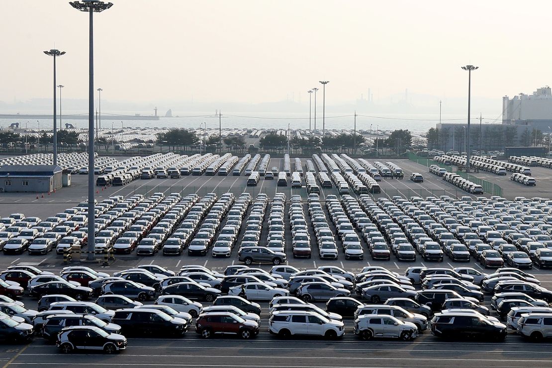 Vehicles produced by South Korean automaker Kia Motors are waiting to be shipped at the Port of Pyeongtaek on April 3, 2025.