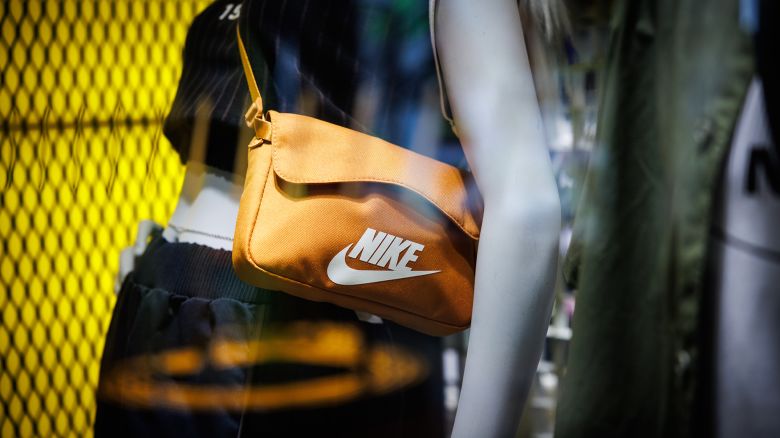 A Nike bag is displayed at the entrance to the Nike store at Siam Center mall on April 03, 2025 in Bangkok, Thailand.
