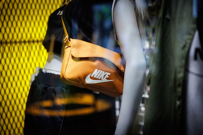 A Nike bag is displayed at the entrance to the Nike store at Siam Center mall on April 3, 2025 in Bangkok, Thailand.