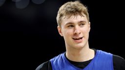 SAN ANTONIO, TEXAS - APRIL 04: Cooper Flagg #2 of the Duke Blue Devils warms up during a practice session ahead of the Final Four in the NCAA Men's Basketball Tournament at Alamodome on April 04, 2025 in San Antonio, Texas. (Photo by Jamie Squire/Getty Images)