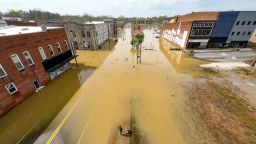 In an aerial view, water covers roadways following extreme flooding that has caused significant damage throughout the area on April 04, 2025 in Hopkinsville, Kentucky.