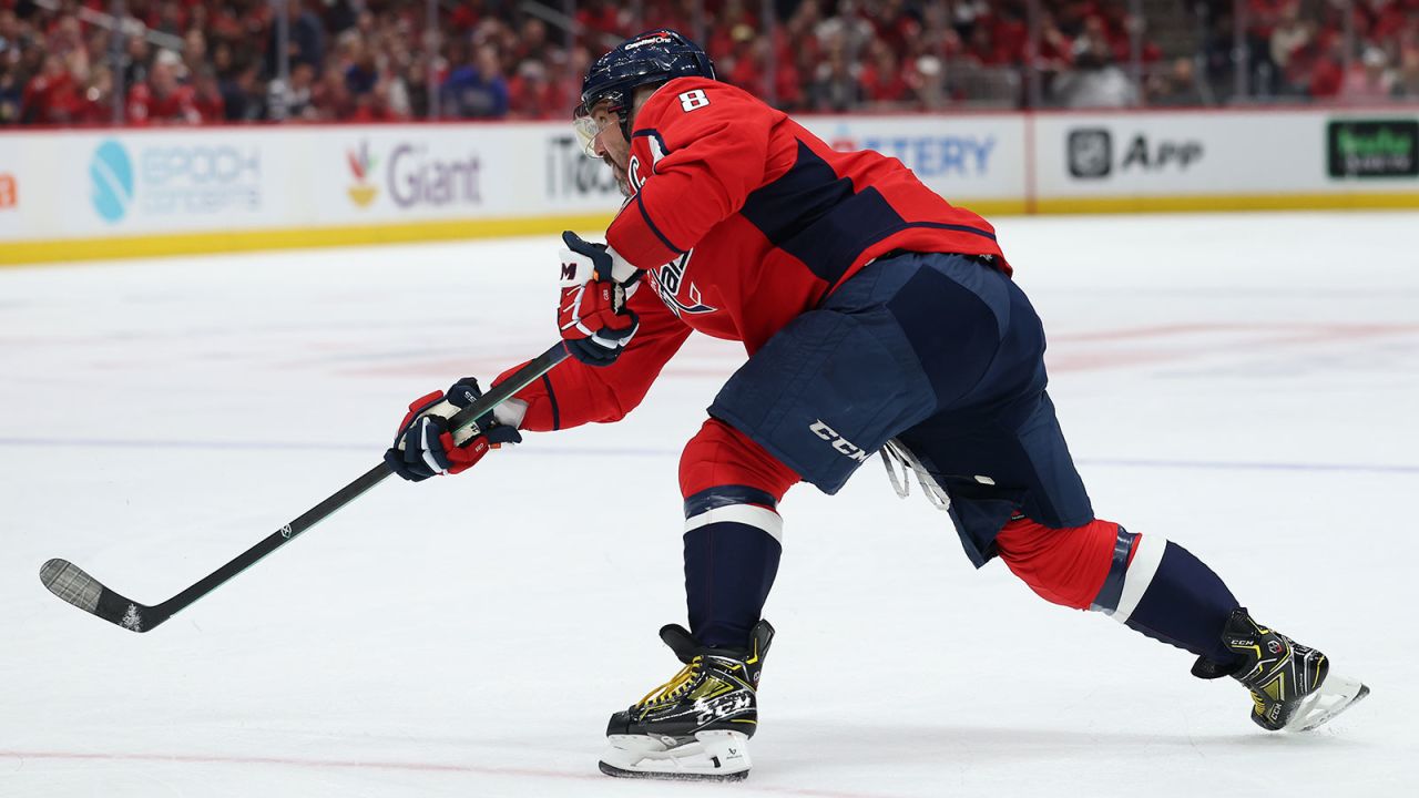 WASHINGTON, DC - APRIL 04: Alex Ovechkin #8 of the Washington Capitals shoots the puck against the Chicago Blackhawks during the second period at Capital One Arena on April 04, 2025 in Washington, DC. (Photo by Patrick Smith/Getty Images)