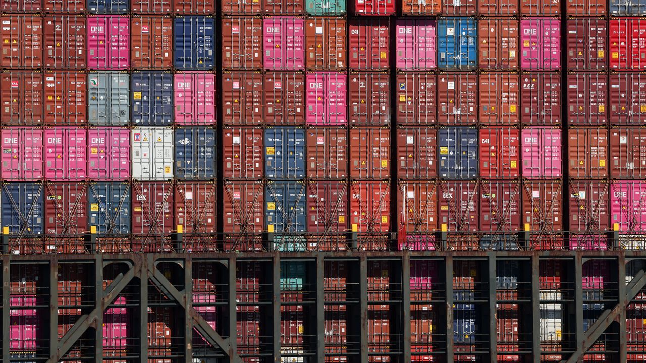 Shipping containers are seen on a cargo ship at the Port Jersey Container Terminal in Jersey City, New Jersey.