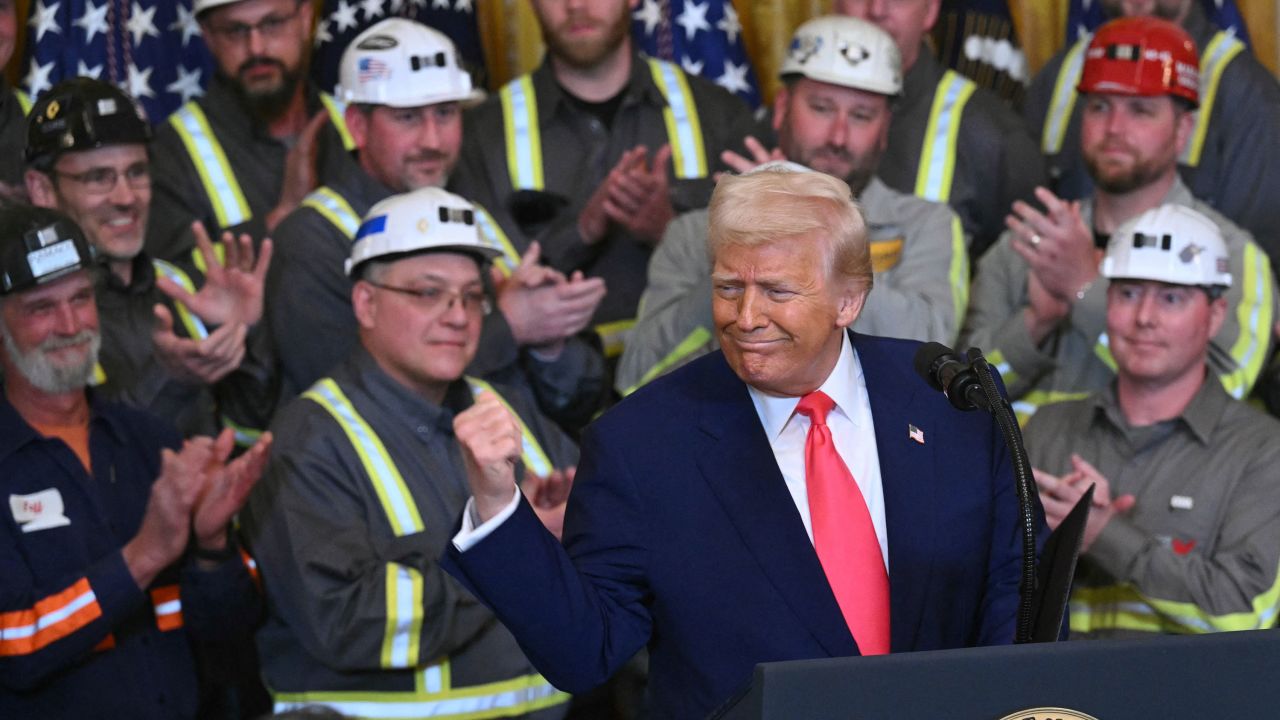 US President Donald Trump gestures before signing an executive order to boost coal mining and production in the United States, in the East Room of the White House on April 8, 2025, in Washington, DC. (Photo by SAUL LOEB / AFP) (Photo by SAUL LOEB/AFP via Getty Images)          