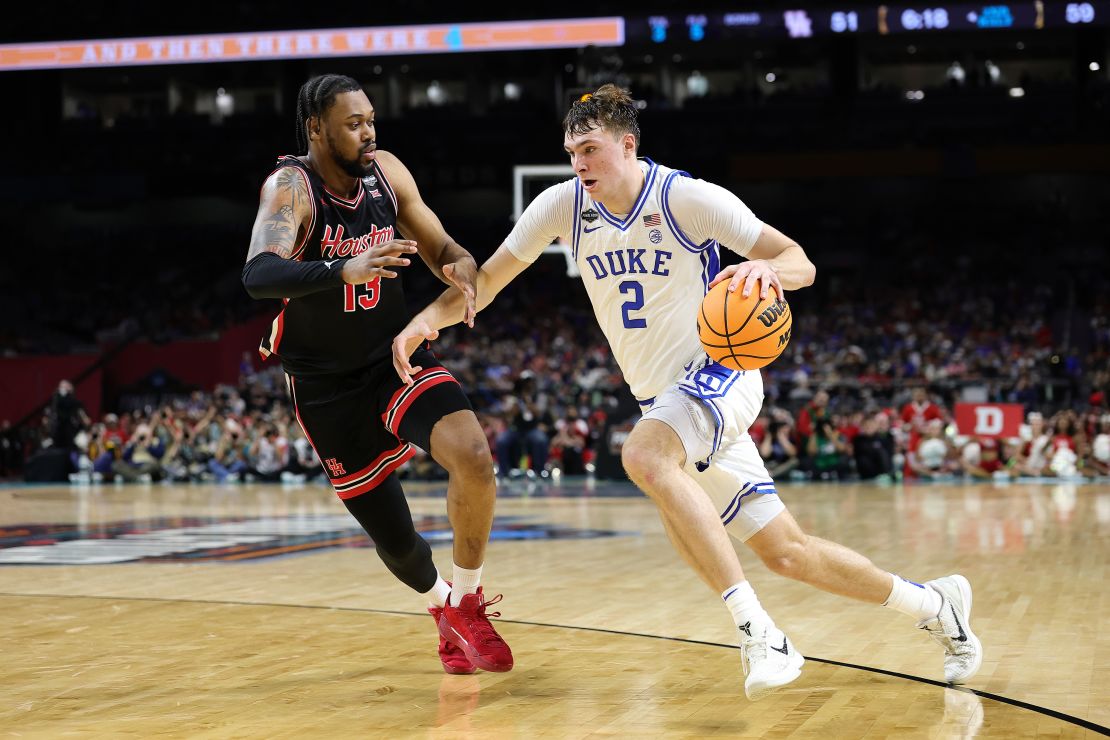 Cooper Flagg drives against the Houston Cougars in the Final Four at the Alamodome on April 05, 2025 in San Antonio, Texas.