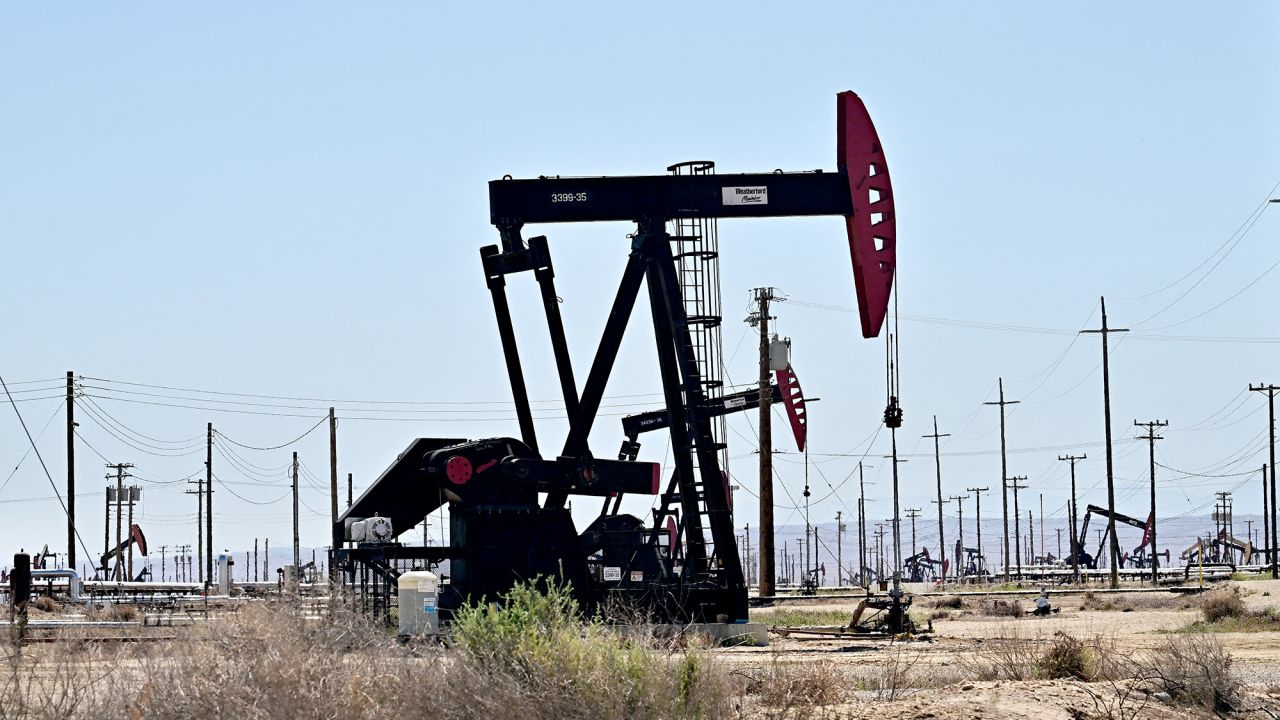 Pumpjacks are seen in oilfields along Highway 33, known as the Petroleum Highway, west of Buttonwillow, Kern County, California on April 9, 2025. US crude rallied more than 4% after US President Trump lowered tariffs on some of America's trading partners. (Photo by Frederic J. BROWN / AFP) (Photo by FREDERIC J. BROWN/AFP via Getty Images)          