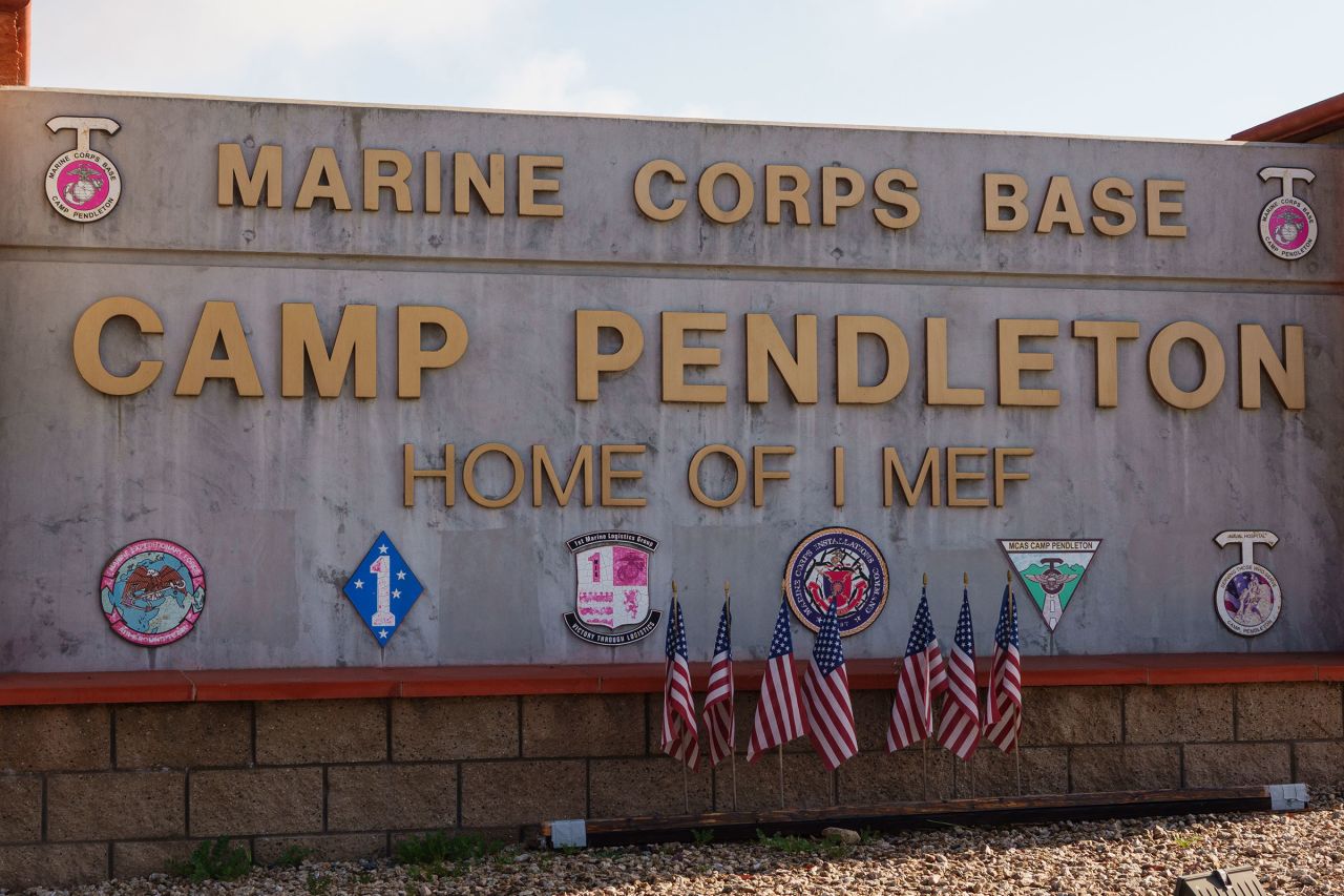 A sign at the entrance to Marine Corps Base Camp Pendleton in Oceanside, California, on March 28.