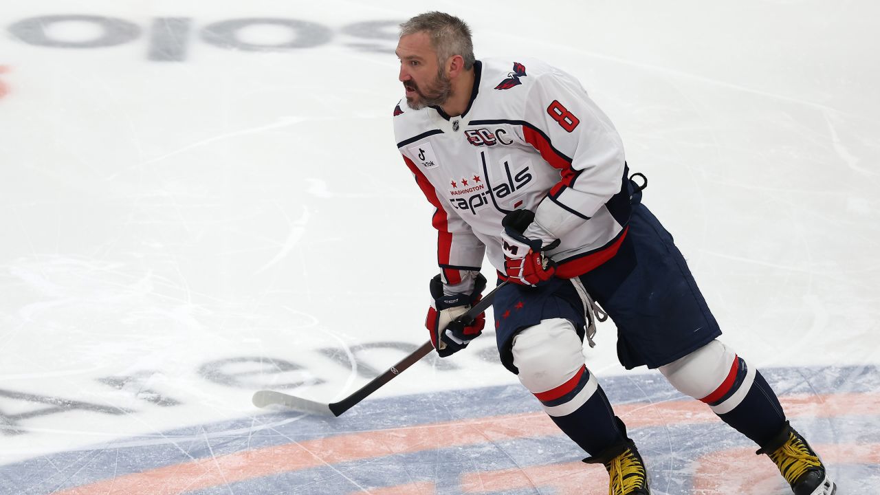 Alex Ovechkin warms up prior to Sunday's game against the New York Islanders at UBS Arena in Elmont, New York.