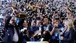 TAMPA, FLORIDA - APRIL 06: Head coach Geno Auriemma of the UConn Huskies raises the trophy after beating the South Carolina Gamecocks 82-59 to win the National Championship of the NCAA Women's Basketball Tournament at Amalie Arena on April 06, 2025 in Tampa, Florida.  (Photo by Carmen Mandato/Getty Images)