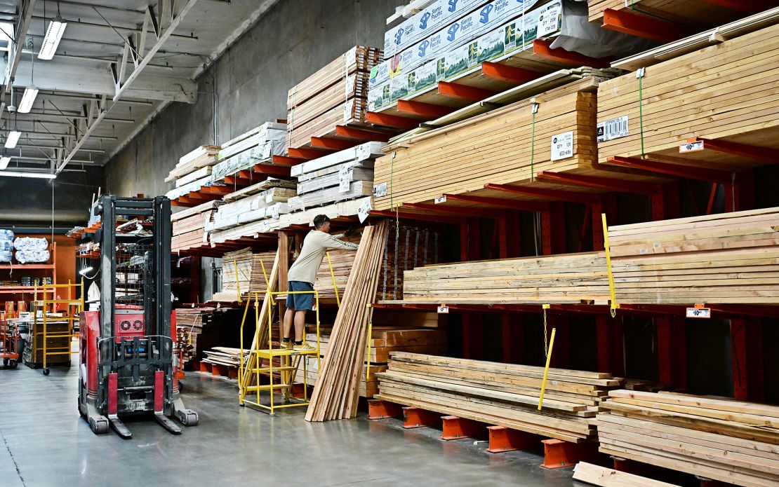 People shop for lumber from a Home Depot store in Alhambra, California, on April 10, 2025. About 70% to 80% of the lumber imported by the United States comes from Canada. Those imports are expected to <a href=