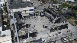 This aerial view shows the cleaned area of the roof collapse at the Jet Set nightclub in Santo Domingo on April 10, 2025. The death toll in the collapse has reached 218, security forces reported, as they concentrate on finding the last bodies in the area of the tragedy. More than 500 people were injured in the incident. (Photo by MARTIN BERNETTI / AFP) (Photo by MARTIN BERNETTI/AFP via Getty Images)          