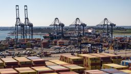 FELIXSTOWE, ENGLAND - APRIL 07: In this aerial view Containers sit on the tarmac at Felixstowe Port on April 07, 2025 in Felixstowe, England. In an op-ed over the weekend, British PM Keir Starmer wrote that his government would use industrial policy to mitigate the impact of the Trump Administration's tariffs, which include a baseline 10% levy on most all goods imported to the US and 25% on automobiles. (Photo by Dan Kitwood/Getty Images)