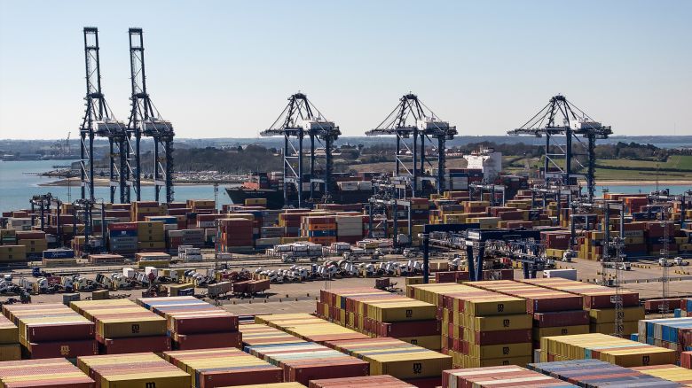 FELIXSTOWE, ENGLAND - APRIL 07: In this aerial view Containers sit on the tarmac at Felixstowe Port on April 07, 2025 in Felixstowe, England. In an op-ed over the weekend, British PM Keir Starmer wrote that his government would use industrial policy to mitigate the impact of the Trump Administration's tariffs, which include a baseline 10% levy on most all goods imported to the US and 25% on automobiles. (Photo by Dan Kitwood/Getty Images)