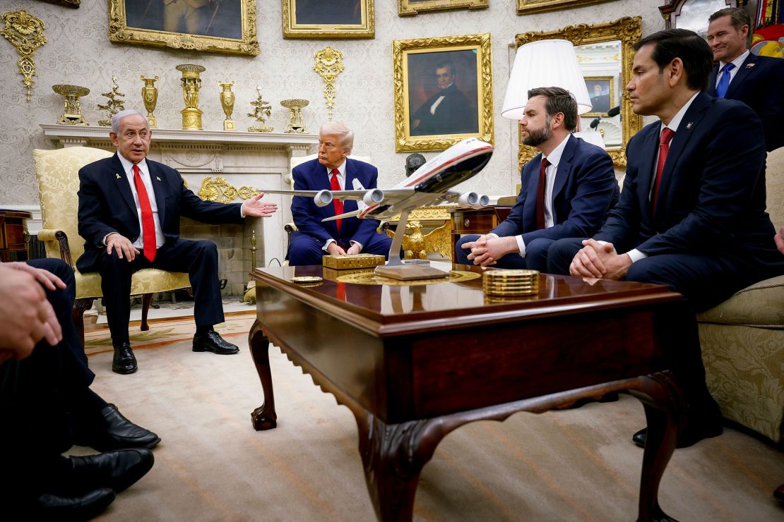 Israeli Prime Minister Benjamin Netanyahu, on the far left, and US President Donald Trump have an amiable public relationship, though Trump has deviated somewhat from the traditional contours of pro-Israel politics in the US.
