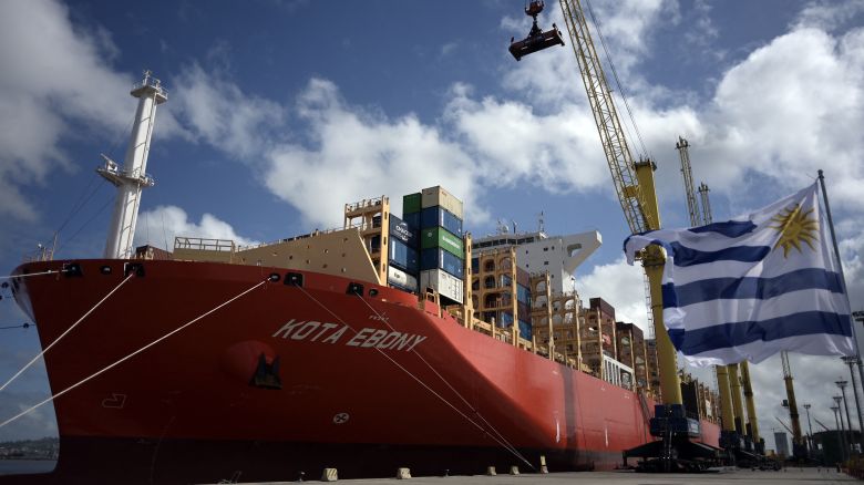 The Singapore flagged Kota Ebony container ship is pictured at the port of Montevideo on April 11, 2025. (Photo by Eitan ABRAMOVICH / AFP) (Photo by EITAN ABRAMOVICH/AFP via Getty Images)          