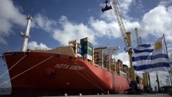 The Singapore flagged Kota Ebony container ship is pictured at the port of Montevideo on April 11, 2025. (Photo by Eitan ABRAMOVICH / AFP) (Photo by EITAN ABRAMOVICH/AFP via Getty Images)