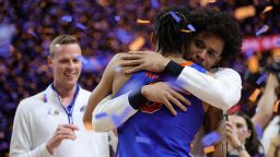 SAN ANTONIO, TEXAS - APRIL 07: Will Richard #5 of the Florida Gators celebrates after the second half in the National Championship of the NCAA Men's Basketball Tournament against the Houston Cougars at the Alamodome on April 07, 2025 in San Antonio, Texas. (Photo by Alex Slitz/Getty Images)