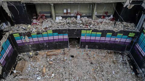 This aerial view shows the cleaned area of the roof collapse at the Jet Set nightclub in Santo Domingo on April 11, 2025. Grief-stricken Dominicans began holding funerals for loved ones who were among at least 220 people killed in a nightclub rooftop collapse, even as dozens remained uned for. (Photo by MARTIN BERNETTI / AFP) (Photo by MARTIN BERNETTI/AFP via Getty Images)          