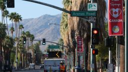 A banner in  of Canada is seen in Palm Springs, California, on April 11, 2025, amid the US president's trade war. The banners were installed at the request of the Palm Springs City Council, US media reported. (Photo by VALERIE MACON / AFP) (Photo by VALERIE MACON/AFP via Getty Images)          