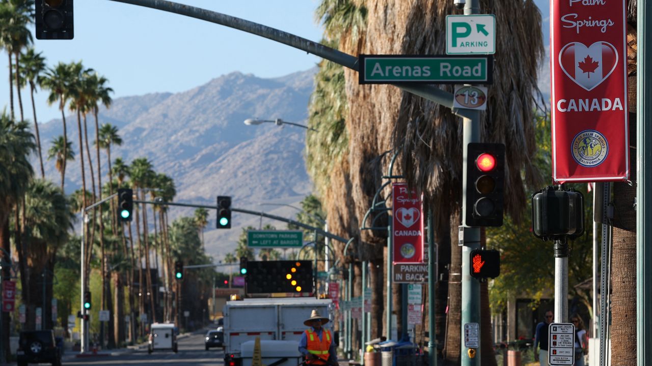 A banner in  of Canada is seen in Palm Springs, California, on April 11, 2025, amid the US president's trade war. The banners were installed at the request of the Palm Springs City Council, US media reported. (Photo by VALERIE MACON / AFP) (Photo by VALERIE MACON/AFP via Getty Images)          