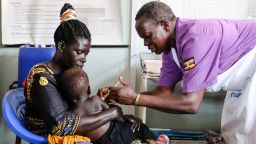 A nurse assistant administers a malaria vaccine to a baby at Apac General Hospital in Uganda in April 2025. Data from the World Health Organization shows that children under 5 in Africa made up a substantial share of the 597,000 malaria deaths in 2023.