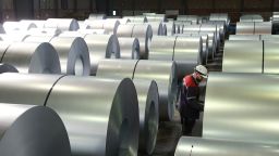 A worker registers coils of finished steel at the Thyssenkrupp steel plant.