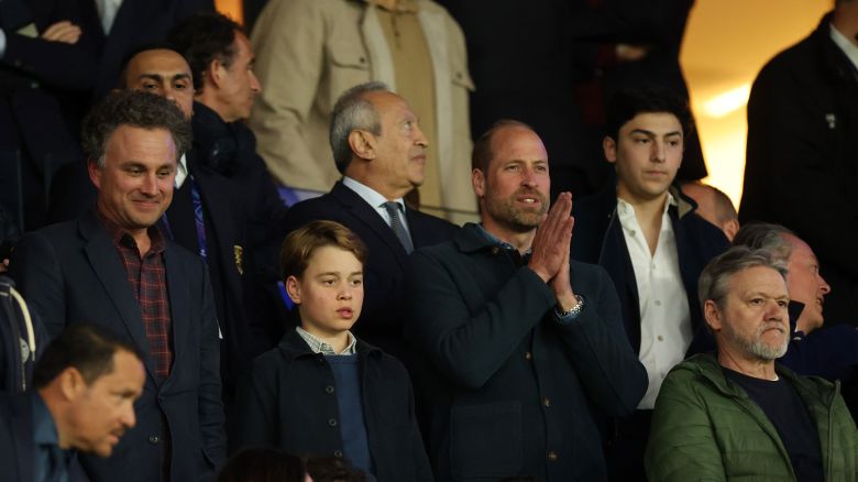 Prince George of Wales and Prince William, Prince of Wales react from the stands during the UEFA Champions League 2024/25 Quarter Final First Leg match between Paris Saint-Germain and Aston Villa FC at Parc des Princes in Paris, France, on April 9, 2025.