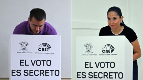 (COMBO) This combination of pictures taken on April 13, 2025 shows Ecuador's President and presidential candidate for the Accion Democratica Nacional party (National Democratic Action), Daniel Noboa, voting at a polling station in Olon, Santa Elena Province, Ecuador, and Ecuador's presidential candidate for the Movimiento Revolución Ciudadana party (Citizen Revolution Movement), Luisa Gonzalez, voting at a polling station in Canuto, Manabi Province, Ecuador. Right-wing incumbent President Daniel Noboa faces a tough runoff against charismatic leftist rival Luisa Gonzalez, who is vying to become the country's first woman president. (Photo by Raul ARBOLEDA and Rodrigo BUENDIA / AFP) (Photo by RAUL ARBOLEDARODRIGO BUENDIA/AFP via Getty Images)          