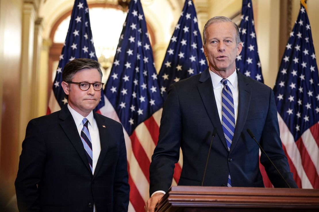 Speaker of the House Mike Johnson, left, and Senate Majority Leader John Thune, seen in April.