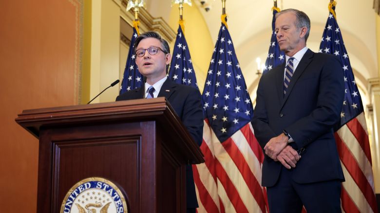 US Speaker of the House Mike Johnson (R-LA) (L) and Senate Majority Leader John Thune (R-SD) speak at a press conference on the Republican budget bill at the US Capitol on April 10, 2025.
