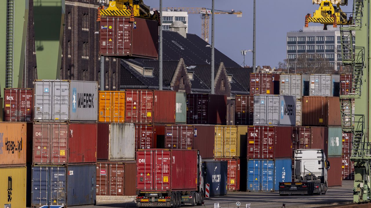 Shipping containers stacked in a container port in Berlin.