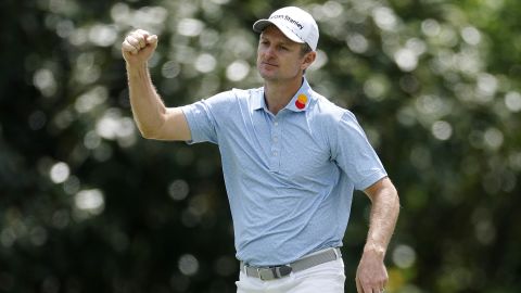 AUGUSTA, GEORGIA - APRIL 10: Justin Rose of England reacts after making par on the fifth green during the first round of the 2025 Masters Tournament at Augusta National Golf Club on April 10, 2025 in Augusta, Georgia. (Photo by Harry How/Getty Images)